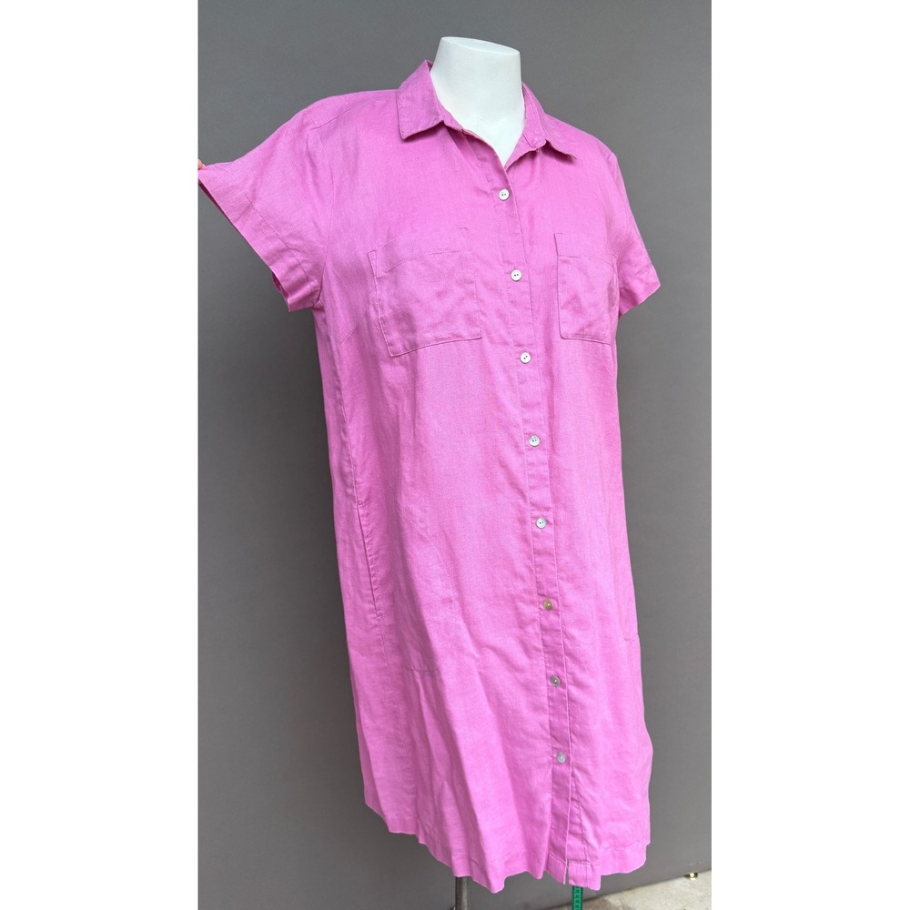J Jill Linen Shirt Dress Medium Pink Short Sleeve Button Front Pockets Coastal - Picture 3 of 15